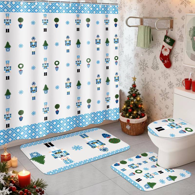lot 558 image: 4 Pcs Blue and White Christmas Nutcracker Shower Curtain Set Waterproof Chinoiserie Nutcracker Bathroom Curtain, Non Slip Rug Toilet Lid Cover Bath Mat 12 Hooks for Xmas Holiday Bathroom Decor 72x72