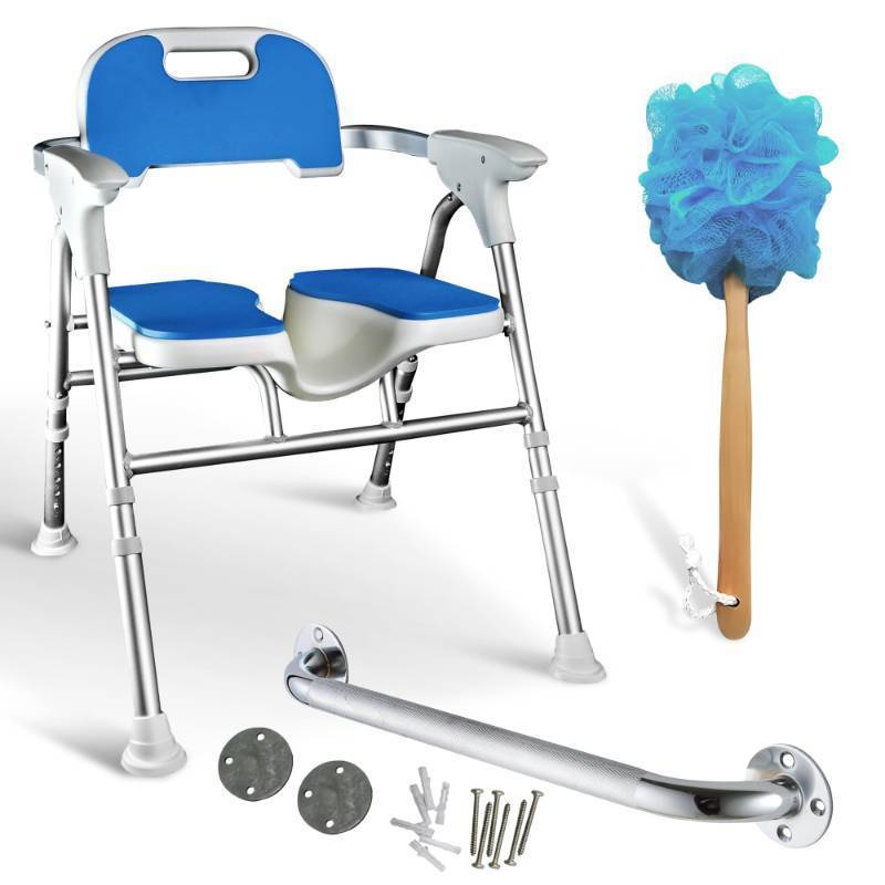 lot 770 image: Foldable Shower Chair for Elderly & Disabled Adjustable Height, Soft Cushion Seat, 16-Inch Steel Grab Bar & Loofah, Supports Up to 350 lbs, FSAHSA Eligible for Safe & Comfortable Bathing