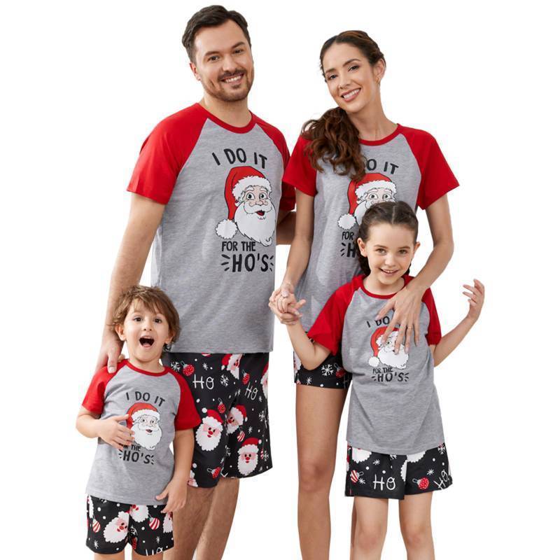 lot 609 image: PATPAT Christmas Pajamas for Family Short Sleeve Short Sleeve Santa Print Tops and Black Santa Shorts Sleepwear Adult and Child Matching Pajamas for Mom and Daughter Red Grey Boys Girls - Size Kids 8-9 Years