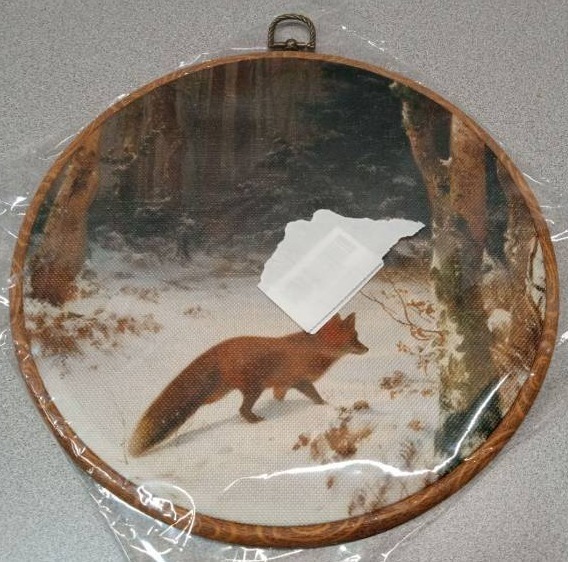lot 4032 image: Cross Stitch Fox in Winter Scene Embroidery Hoop Wall Art