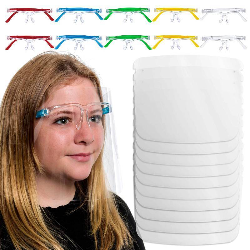 lot 4069 image: TCP Global Salon World Safety Kids Face Shields with Glasses Frames (Pack of 10) - 5 Colors, 2 Each - Protective Childrens Full Face Shields to Protect Eyes, Nose, Mouth - Anti-Fog PET Plastic Goggle
