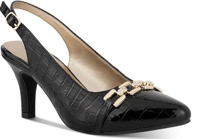 lot 4078 image: Karen Scott Black Patent Leather Slingback  heels with Gold Chain Detail - Size 9.5 Med