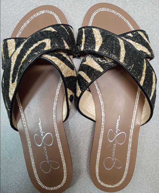 lot 4092 image: Jessica Simpson Animal Print Slide Sandals with Rhinestone Trim - Size 9M