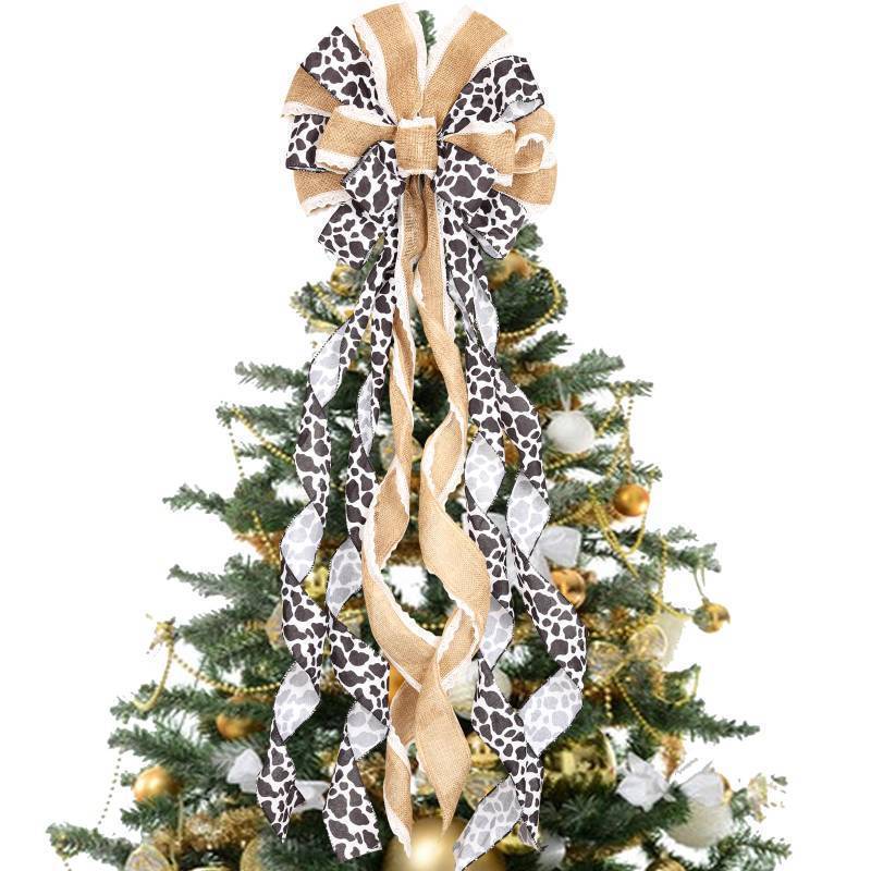 lot 1209 image: Fangleland Cow Print Christmas Tree Topper Bow, Rustic Cow Farmhouse Ox Christmas Wreath Bow, Black and White Decorative Large Gift Bow, Xmas Hanging Ornament Winter Holiday Party Decor