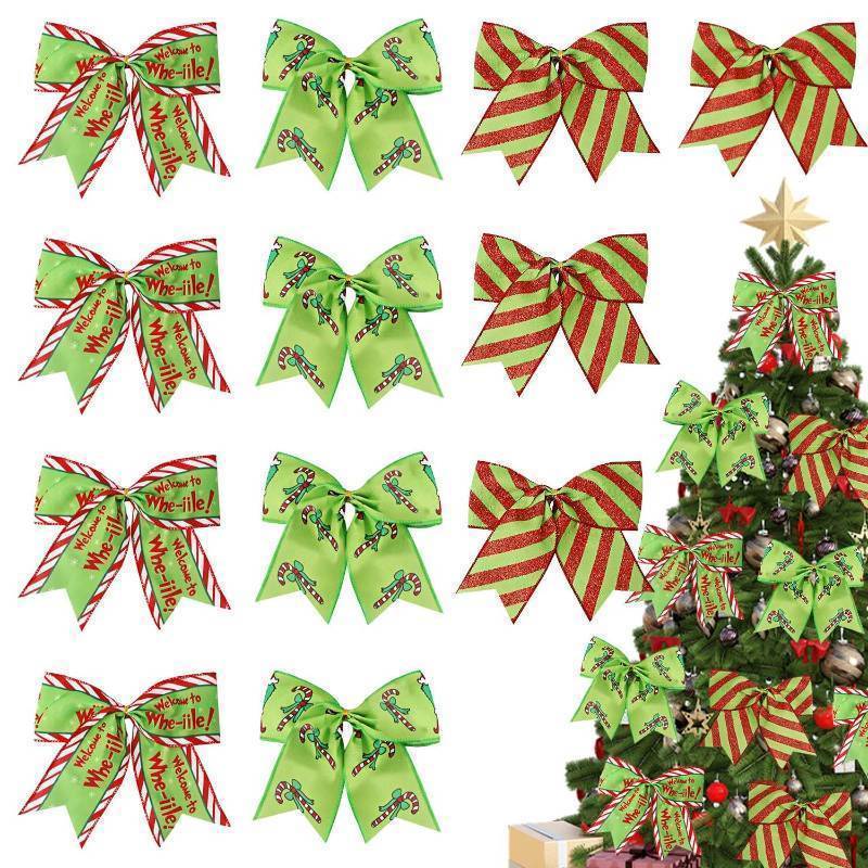 lot 203 image: 12Pcs Christmas Ornaments Bows Christmas Tree Decorations Red Green 6 Large Wreaths Bows for Gifts Wrapping Holiday Party Xmas Decor