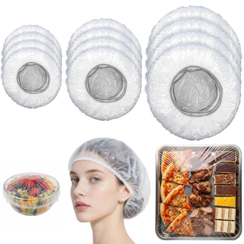 lot 3272 image: Multi-Use Plastic Covers 450 Pack - Disposable Shower Caps & Bowls Covers  Food-Grade, Odor-Free, Reusable & Washable, 3 Sizes (SmallMediumLarge) for Hair Care, Bowls, Plates, Trays & Travel (450)