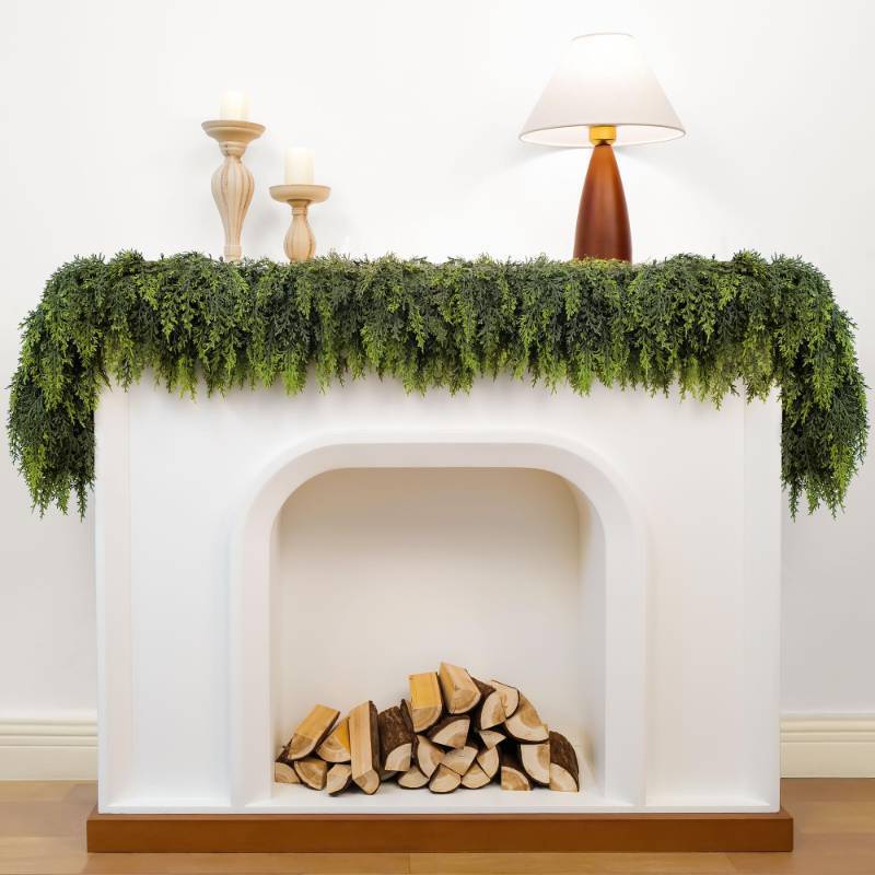 lot 28 image: 6ft Christmas Garland with Lights, Cedar Garland, Thick Realistic Green Cedar Pine Garland for Mantle, Stairs Railing, Indoor Outdoor New Year Decoration