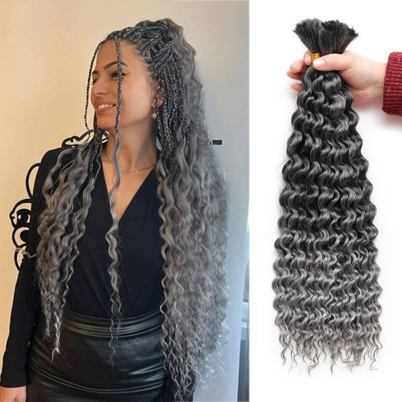 lot 2708 image: Braiding Hair for Boho Braids 8 Packs Chocolate Brown Deep Wave Crochet Hair for Women Bohemian Wet and Wavy Bulk Hair Extensions Synthetic Micro Braiding Hair T-Grey 18 Inch