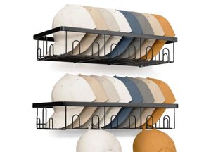 lot 4781 image: Hat Rack for Wall, 2 Pack Large Hat Organizer with More Hooks, Holds 56 Caps, Metal Wall Mounted Hat Holder for Baseball Caps, Closet Bedroom Kitchen Bathroom, Black