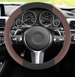 lot 4828 image: Universal Steering Wheel Cover Faux Leather Black Brown