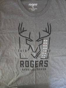 lot 4872 image: Rogers Sporting Goods Gray T-Shirt with Deer Antler Logo Size M