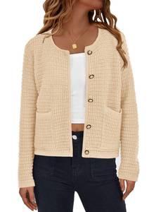 lot 5000 image: PRETTYGARDEN Women Knit Cardigan Sweaters Fall Fashion Long Sleeve Open Front Button Down Trendy Casual Jacket Winter Clothes (Beige, Large)