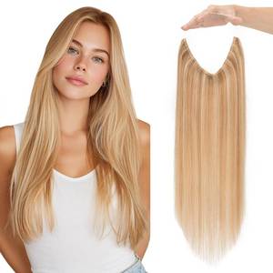 lot 5004 image: Charites Halo Hair Extensions Real Human Hair Invisible Wire Extensions with Transparent Fish Line Adjustable Size Golden Brown & Bleach Blonde 12 inch