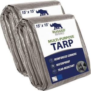 lot 5008 image: RUGGED RHINO Heavy Duty Waterproof Tarp, 15x15, 2 Pack, UV and Tear Resistant Cover with Reinforced Grommets and Corners, Outdoor Multipurpose Tarps for Camping, Patio, Garden, Car & Roof 5 Mil Silver
