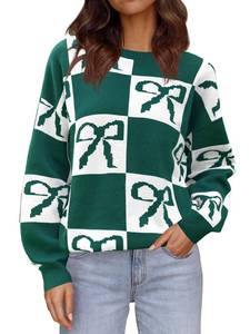 lot 4790 image: Saodimallsu Womens Color Block Bow Sweater Oversized Crewneck Long Sleeve Knit Warm Pullover Tops Green