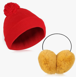 lot 4793 image: 2 Pcs Adult Knit Beanie Unisex Ear Muffs Set, Winter Christmas Red Warm Knit Hat and Yellow Ear Warmers Faux Fur Ear Covers Headband