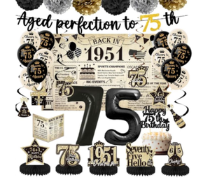 lot 5029 image: Vintage 75th Birthday Decorations for Men Women, Back in 1951 Backdrop Banners Cake Topper 75 Balloons Birthday Card Table Decor, 75 Years Old Birthday Party Supplies