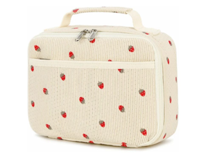 lot 5042 image: Bluboon Insulated Lunch Bag for Girls & Boys, Corduroy School Lunch Box with Cooler & Organizer Compartments, Leak-Proof Lunch Tote for School, Travel (Corduroy Strawberries Beige)