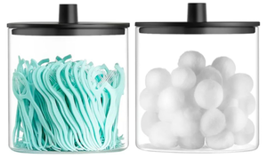 lot 5061 image: TIPGO Glass Qtip Holder Dispenser - 24 oz Clear Canister Jar, Bathroom Vanity Storage Organizer for Cotton Swabs, Pads, Floss Picks, Small Containers for Makeup Storage (Black)