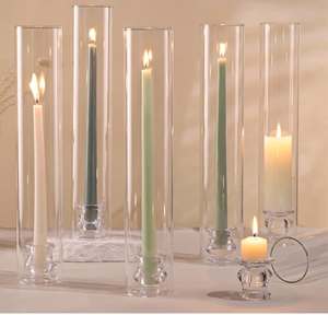 lot 5091 image: Volens Hurricane Glass Candle Holders - Set of 6 Candlestick Holders for Taper Candles with Windproof Cylinder Covers 14 Tall Clear Glass Chimney Cover for Wedding Table Centerpiece Home Decor