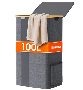 lot 5098 image: BlissTotes Laundry Basket with Lid, 100L Clothes Laundry Hamper with Handles and Removable Laundry Bag, Breathable Design Hamper with Lid for Bedroom, Bathroom, Dorm, Laundry Room - Light Grey