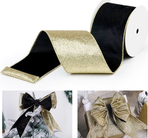 lot 5102 image: Black Velvet Wired Ribbon with Glitter Back 4 Inch Black and Gold Christmas Ribbon Wired Ribbon for Christmas Tree, Gift Wrapping, Mantel, Wreaths Supplies, Topper Bows (10 Yards)