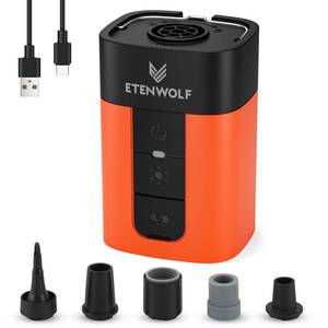 lot 4963 image: ETENWOLF Air Pump for Inflatables, 10400 mAh Portable Electric Air Pump with Camping Light, 4X Quick Inflator & Deflator, 720 Lmin Pump for Pool Floats, Vacuum Storage Bags (Vivid Orange)