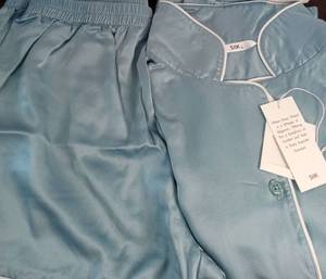 lot 4969 image: SIIK Brand Blue Satin Pajama Set with White Trim - Size Large