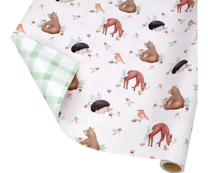 lot 5123 image: LaRibbons Reversible Baby Shower Wrapping Paper Mini Roll, Woodland Animals and Plaid Design for Neutral Baby Showers, Boys Girls and First Birthday, 17 x 33(46.7 sq. ft)