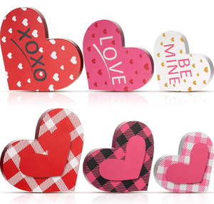 lot 5125 image: Yalikop 3 Pieces Valentines Day Decorations Heart Wood Tray Decor Farmhouse Reversible Sign Home Decor Double Side Printed Rustic Table Centerpieces Decorations for Wedding Party (Cute Style)
