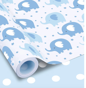 lot 5128 image: woric Reversible Baby Shower Wrapping Paper Roll 17 Inch x 33 Feet Baby Boy Wrapping Paper with Blue Elephant Design for New Baby, Boys 1st Birthday