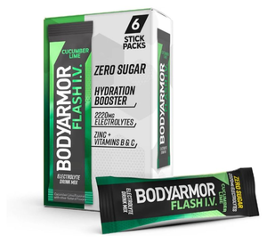 lot 5133 image: BODYARMOR Flash IV Electrolyte Packets, Cucumber Lime - Zero Sugar Drink Mix, Single Serve Packs, Coconut Water Powder (6 Count) Expiration Date 01042025