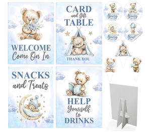 lot 5143 image: 80 Pcs We Can Bearly Wait Baby Shower Decorations Teddy Bear Boy Blue - 4 Table Centerpieces Welcome Sign, 36 Bear Cupcake Toppers, 40 Thank You Beary Much Stickers