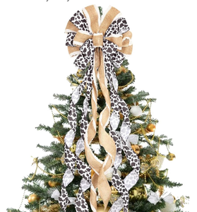 lot 5154 image: Fangleland Cow Print Christmas Tree Topper Bow, Rustic Cow Farmhouse Ox Christmas Wreath Bow, Black and White Decorative Large Gift Bow, Xmas Hanging Ornament Winter Holiday Party Decor
