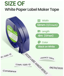 lot 5156 image: Compatible with Dymo Letratag Refills White Paper Label Maker Tape Replacement for Dymo Label Maker Refills 12mm x 4m (12 x 13) for LT-100H 100T Plus 200B (2Pack)