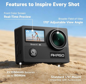 AKASO Brave 4 Action Camera 4K 30fps Ultra Hd Video 20MP Photo, EIS, WiFi Remote Control, 2X Batteries, Waterproof Underwater Camera for Snorkel, Travel, Motorcycle, Bicycle, Helmet Accessories Kit (Retails for $70) Powers on