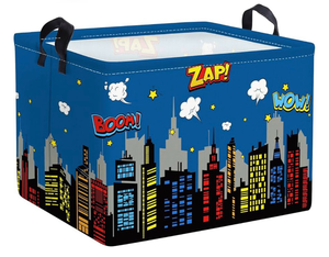 lot 5189 image: Clastyle 36L Large City Skyline Blue Book Shelf Basket Hero Comic Zap Wow Boom Gift Basket for Kids Room Nursery Rectangle Building Silhouettes Toy Clothes Storage Bin