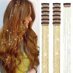 lot 5200 image: Gold Hair Tinsel Packs of 12Pcs Clip in Hair Tinsel Kit 20.5 inch Fairy Hair Tinsel Heat Resistant for Women Girls Glitter Hair Extensions for Christmas New Year Halloween Cosplay Party (Golden)
