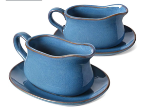 lot 5418 image: LE TAUCI 17oz Gravy Boat with Saucer Stand, Set of 2, Ceramic Sauce Boat with Tray for Salad Dressings, Creamer, Broth, Black Pepper, Ceylon Blue