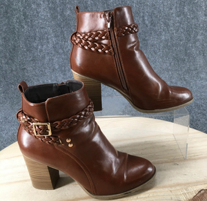 lot 5430 image: American Eagle Boots Womens Braided Strap Side Zip Heels Ankle Bootie Brown (Size 8)