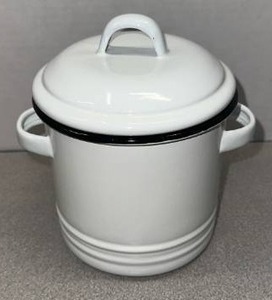 lot 5439 image: Vintage-Style White Enamel Metal Canister With a Lid and Black Trim