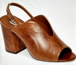 lot 5440 image: Real Leather Sling Back Chunky Heel Peep Toe Sbicca Windor Brown- Size 9 (Retails for $125)