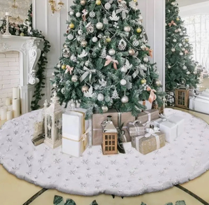 lot 5441 image: Christmas Tree Skirt Extra Large 84 Inch White Plush Faux Fur Sliver Snowflake Sequin Snow Xmas Tree Skirts Thick Blanket Rug Party for Indoor Holiday Home Garden