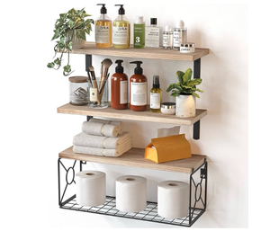 lot 5442 image: Amada Bathroom Shelves Over Toilet with Storage Basket, Floating Wall Shelf for Home Organization & Wall Decor, BathroomKitchenLiving Room Shelves Natural Wood (Was Factory Sealed)  - Retail $0