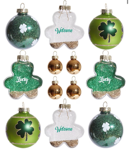 lot 5458 image: WDS WONDROUS 12-Piece St Patricks Day Ornaments Set, Mixed Size Shamrock Lucky Welcome Decor with Gold Glitter for Christmas Tree Home Party Spring Decor, Irish Glass Ball Hanging Decorations