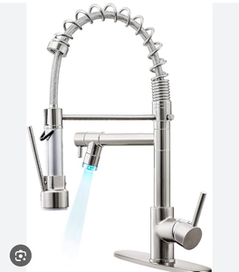 lot 5474 image: Qomolangma Commerical Kitchen Water Tap Faucet with Pull Down Sprayer, Single Handle Kitchen Sink Faucet with LED Light Two Spout, Brushed Nickel