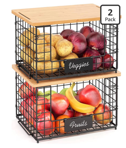 lot 5475 image: 2 Pack Stackable Wire Baskets with Bamboo Top for Pantry Organizers and Storage, XXL Kitchen Organization Counter Basket for Fruit, Vegetable, Produce, Bread, Potato and Onion Storage Bins (Was Factory Sealed)
