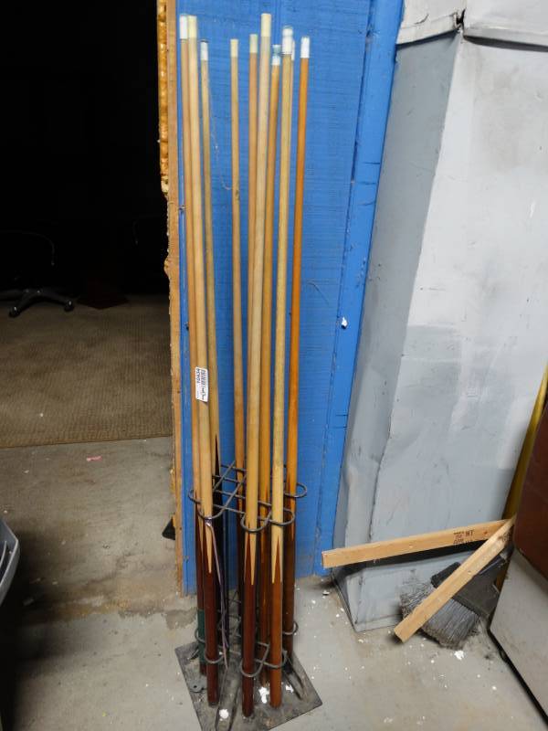 lot 10434 image: lot of 10 pool cues with metal holding rack