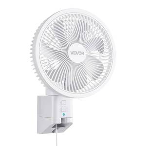 lot 5224 image: VEVOR 8.5 in Wall Mount Fan, Oscillating Hanging Fan with Remote Control, 10 ft Powerful Airflow, DC Motor, 4 Speeds & Timer, Auto 90° Horizontal & Manual Vertical Tilt, Ideal for Home, Office, RV - Retail $46