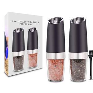lot 5230 image: Gravity Electric Salt and Pepper Grinder, Automatic Operation Pepper and Salt Mill with Adjustable Ceramic Rotor Battery Powered Matte Salt and Pepper Grinder Mill Set with Blue LED Light Black,2 Pack